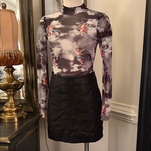 Free People black faux leather skirt with cherub Cloud Print Long Sleeve
